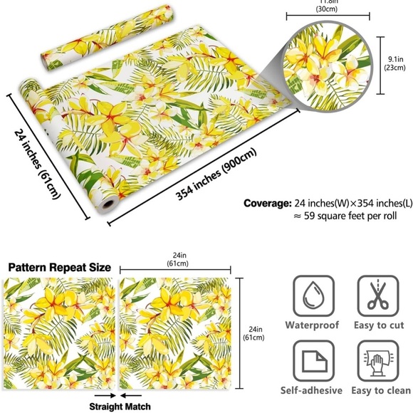 COPY3 - 24"x354" Yellow Floral Wallpaper Leaf Peel Stick Contact Removable Self - Picture 2 of 8